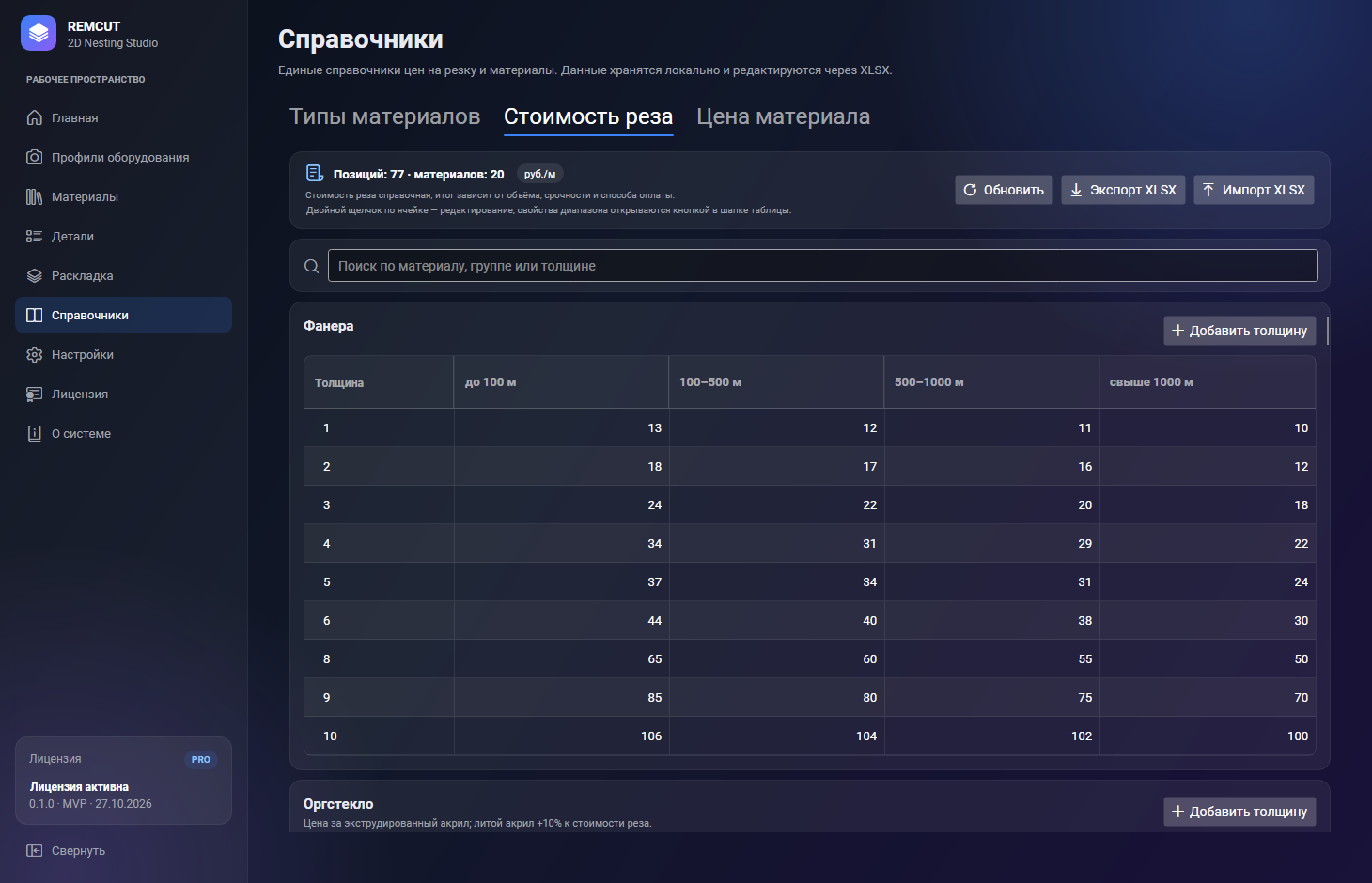 Справочник стоимости реза в RemCut